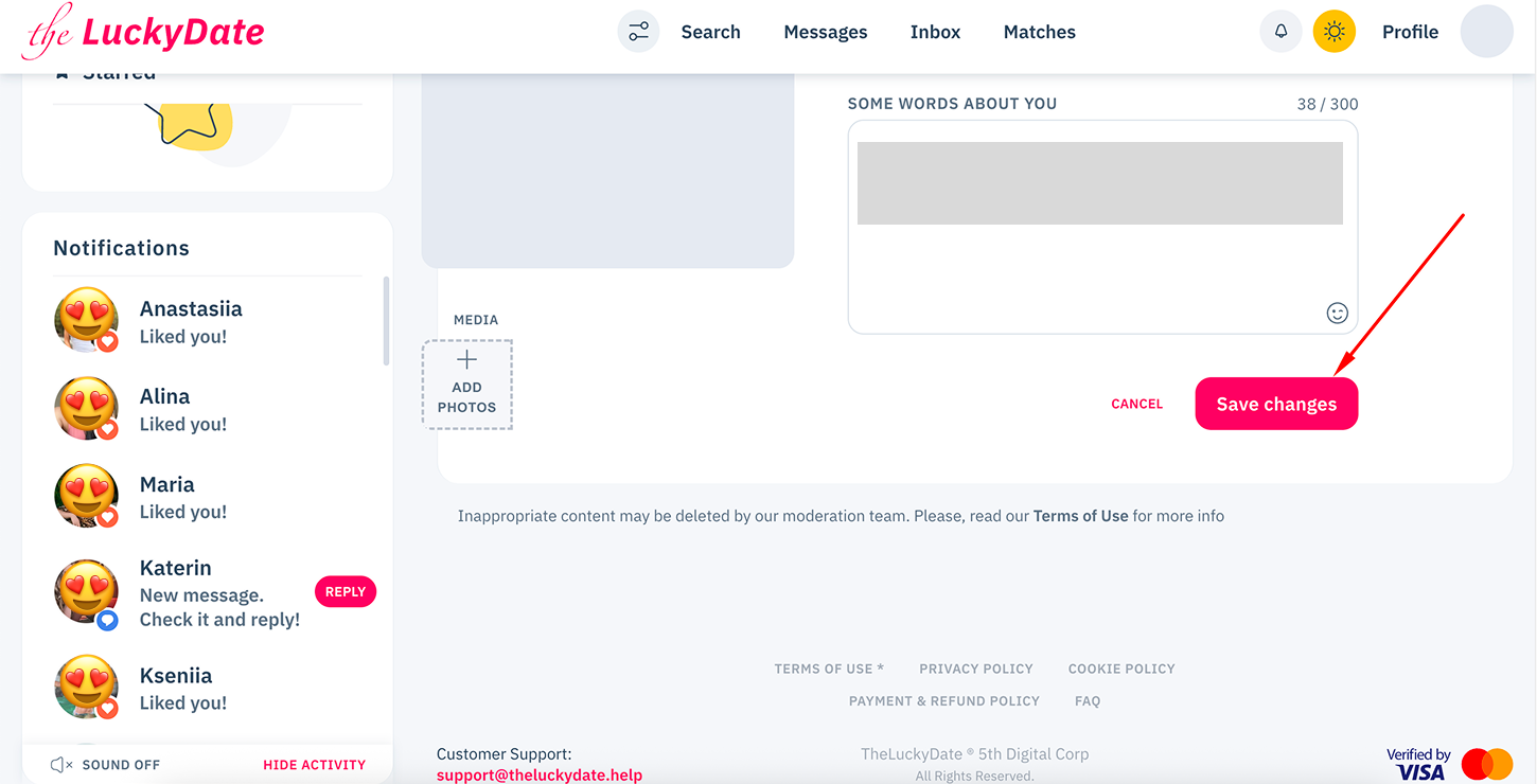 Saving changes to your The Lucky Date profile