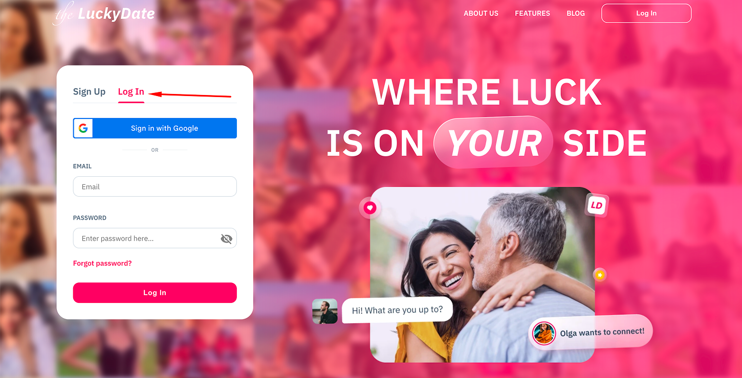 The Lucky Date login tab