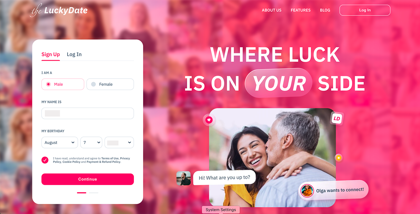 TheLuckyDate registration form filling