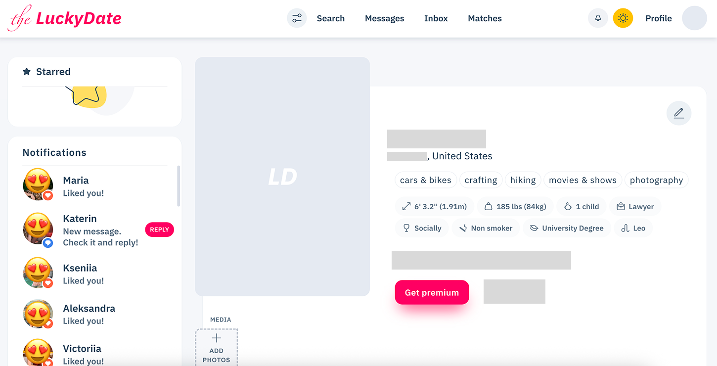 Your profile on The Lucky Date dating site