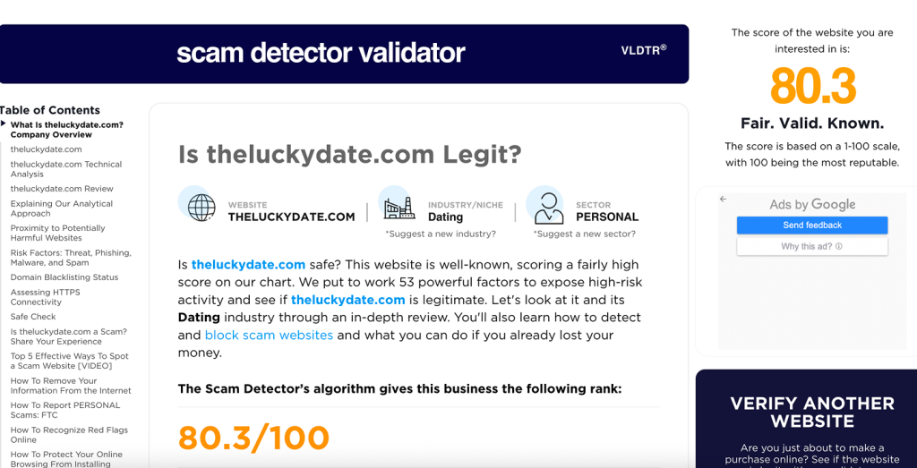 theluckydate.com rating on Scam Detector